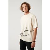 Avva Erkek Bej %100 Pamuk Bisiklet Yaka Baskılı Oversize Fit T-shirt A41y1038