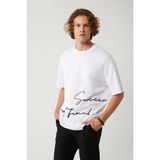 Avva Erkek Beyaz %100 Pamuk Bisiklet Yaka Baskılı Oversize Fit T-shirt A41y1038