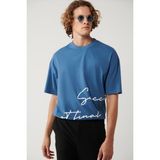 Avva Erkek İndigo %100 Pamuk Bisiklet Yaka Baskılı Oversize Fit T-Shirt A41Y1038