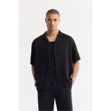 Avva Erkek Oversize Fit Siyah Apaj Yaka %100 Keten Kısa Kol Gömlek A51Y2209
