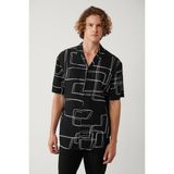 Avva Erkek Siyah %100 Viskon Apaj Yaka Baskılı Viskon Kısa Kollu Oversize Fit Gömlek A41Y2149 - XL