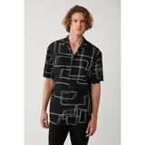 Avva Erkek Siyah %100 Viskon Apaj Yaka Baskılı Viskon Kısa Kollu Oversize Fit Gömlek A41Y2149