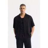 AVVA Erkek Siyah Apaj Yaka %100 Keten Kısa Kollu Oversize Fit Gömlek A51Y2209 - XS