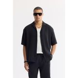 AVVA Erkek Siyah Apaj Yaka Kısa Kollu Soft Touch Oversize Fit Gömlek A51Y2006 - XS