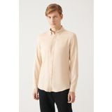 Avva Erkek Vizon Slim Fit Düğmeli Yaka Keten Karışımlı Gömlek B002001