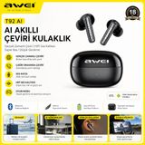 Awei T92 Ai Akıllı Çeviri Kulaklık – Gerçek Zamanlı Çeviri, Hifi Ses, Bluetooth
