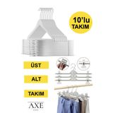 AXE HOME 10 Takım Beyaz Ahşap Görünümlü Askı Mandallı Etek Pantolon Askısı Gümüş Kancalı