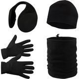 Axe Sportswear Erkek Siyah Kışlık Polar Eldiven - Polar Bere - Polar Ipli Boyunluk - Ense Tipi Kulaklık 4'lü Set - Standart