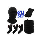 AXE SPORTSWEAR Siyah Kışlık 3 Çift Havlu Çorap Polar Parmaksız Kesik Eldiven Kar Maskesi İpli Boyunluk 6'lı Set