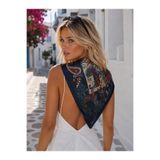 Axesoire 13458-7 Lacivert Etro Desenli Kadın Saten Fular 70x70 cm Büyük Boy Bandana Boyun Fuları Saç Fuları Çanta Aksesuarı Kare Eşarp