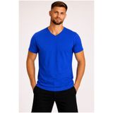 AXXEL Erkek Saks Mavi Pamuklu V Yaka Kısa Kollu T-shirt-d804
