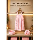 Axxo Pembe 3'lü Spa Bakım Seti - Mikrofiber Terry (Havlu Dokulu) Spa Havlusu, Saç Bonesi ve Saç Bandı - L - XL