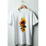 Ay Çiçeği Baskılı Oversize Geniş Kalıp Unisex Bisiklet Yaka Beyaz Tshirt - XL
