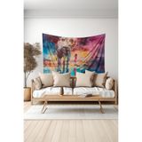 Ay Işığı Fil ve Kız Desenli Duvar Halısı Duvar Örtüsü Tapestry Süetimsi Dokulu%100 Polyester Kumaş