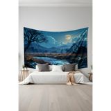 Ay Işığı Nehir Manzarası Desenli Duvar Halısı Duvar Örtüsü Tapestry Süetimsi Dokulu%100 Polyester Kumaş