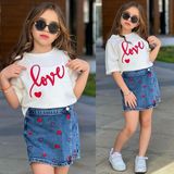 Ay Kids Aykidsclup Kız Çocuk 2’li Takım – Love Baskılı Tişört & Kalp Desenli Kot Şort Etek Şık Yaz Kombini 2675M - 11 - 12 Yaş - Mavi