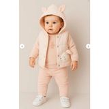 Ay Kids Bebek 3’lü Şardonlu Kulaklı Kapüşonlu Takım – Sweatshirt, Pantolon ve Yelek Seti 10703- - 12 Ay - Pudra