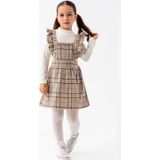 Ay Kids Kız Çocuk Ekose Askılı Elbise Takım – Fırfır Detaylı & Uzun Kollu BLUZ-1570-V- - Vizon - 4 - 5 Yaş