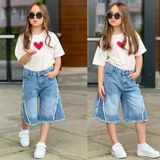 Ay Kids Kız Çocuk Kalp Baskılı Oversize Tişört & Bol Paça Jean Kapri Kombin Takım 2689M