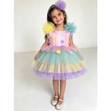 Ay Kids Kız Çocuk Pastel Renkli Çiçek Detaylı Tüllü Prenses Elbise – Taçlı Özel Gün Elbisesi 2809 - Mavi - 6 Yaş