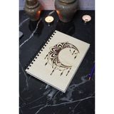 Ay Mandala Desenli Ahşap Kapaklı Defter - Çizgisiz Defter - Günlük - Ajanda- A5 Anı Defteri