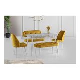 Ay Masa Ve Sandalye Bench Takımı, Açık Hardal Beyaz, 120X70