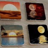 Ay ve Gün Batımı Manzaralar Doğal Taş Bardak Altlığı 4'lü set - Natural Stone Coasters