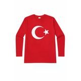 Ay Yıldız Baskılı Uzun Kollu Kırmızı Çocuk Tişört – 23 Nisan Okul Gösterisi 3-14 Yaş