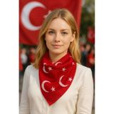 Ay Yıldız Kırmızı Türk Bayrağı Temalı Pamuk Kumaş Fular50x50 Kırmızı Gül