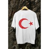 Ay Yıldızlı Türk Bayrağı Baskılı Bisiklet Yaka Tshırt - Beyaz - M