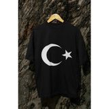 Ay Yıldızlı Türk Bayrağı Baskılı Bisiklet Yaka Tshırt - Siyah