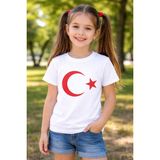 Ay Yıldızlı Türk Bayraklı Pamuklu Penye Kız Erkek Çocuk Bayram, Gösteri Tişört - Beyaz - 7 - 8 Yaş