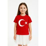Ay Yıldızlı Türk Bayraklı Pamuklu Penye Kız Erkek Çocuk Bayram, Gösteri Tişört - Kırmızı - 6 - 7 Yaş