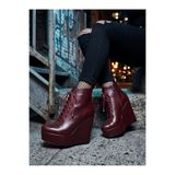 Ayakkabı Ateşi Kadın Bordo Cilt Bağcıklı 12 cm Dolgu Topuklu Platform Bot Lad