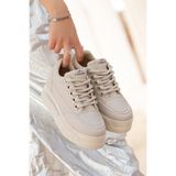 Ayakkabı Delisiyim Gizli Dolgu Topuk Kalın Tabanlı Taşlı Bağcıklı Bej Krem Kadın Sneaker Spor Ayakkabı Robin