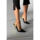 Ayakkabı Prensi Kadın Filmy Siyah Gold Ince 10 cm Stiletto Topuklu Ayakkabı Suni Deri TPU Taban - Siyah - Gold