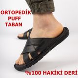Ayakkabiburada 034 Günlük Tam Ortopedik Hakiki Deri Erkek Terlik Puff Taban Siyah