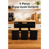Ayaklı Ahşap Ekmek Dolabı Ve 3lü Siyah Metal Kare Çay Kahve Şeker Saklama Kabı