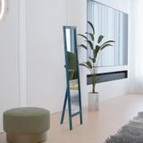 Ayaklı Boy Ayna Doğal Masif Ağaç Çerçeveli Mavi Ayna 38x143 Cm