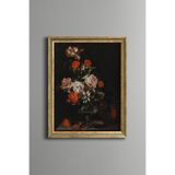 Ayaklı Cam Vazoda Çiçekler - Vintage Desenli Çerçeve - İnce Model, Altın4, 30 x 40