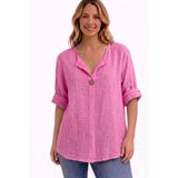AYASOFYA OTANTIK Kadın Italyan Düğme Pembe Detaylı 3/4 Kollu Oversize Salaş %100 Pamuk Bluz Tunik