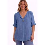AYASOFYA OTANTIK Kadın Italyan İndigo Mavi Düğme Detaylı 3/4 Kollu Oversize Salaş %100 Pamuk Bluz Tunik