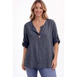 AYASOFYA OTANTIK Kadın Italyan Lacivert Çizgili 3/4 Kollu Oversize Salaş %100 Pamuk Bluz Tunik