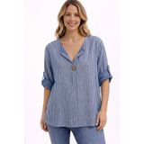 AYASOFYA OTANTIK Kadın Italyan Mavi Çizgili 3/4 Kollu Oversize Salaş %100 Pamuk Bluz Tunik