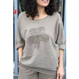 AYASOFYA OTANTIK Kadın Kahverenk Yuvarlak Yakalı Aplike Pullu Papatya Desenli 3/4 Kollu Oversize Salaş Keten Bluz