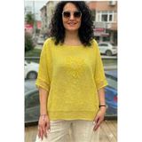 AYASOFYA OTANTIK Kadın Sarı Yuvarlak Yakalı Ay Çiçeği Nakışlı Kısa Kollu Oversize Salaş Keten Bluz