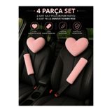 AYAZGRUP Pudra Pembe Kalpli Peluş Oto Boyun Yastığı Seti | 4 Parça (2 Kalpli Yastık + 2 Emniyet Kemeri Pedi)