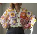 Ayçiçeği Desenli Crochet Kadın Hırka, El Örgüsü Hırka, Trend Motif Hırka - Çok Renkli