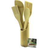 Ayder 5PCS AHŞAP BAMBU MUTFAK SETİ STAND - KAŞIK - ÇATAL - 2 SPATULA FİLELİ (Timya/Go1395) 201251
