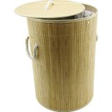 Ayder YUVARLAK BAMBU AHŞAP KİRLİ ÇAMAŞIR SEPETİ 35X60CM SEYYAR KAPAKLI İÇİ BEZLİ İP KULPLU (Timya/Go1395)